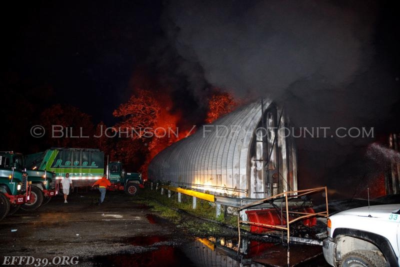 East Fishkill - Members respond early morning fire at Royal Carting where they encountered the a garage filled with garbage and recycle trucks that where well involved multiple largecaliber hand lines where stretched to stop the spread of fire to exposures. 