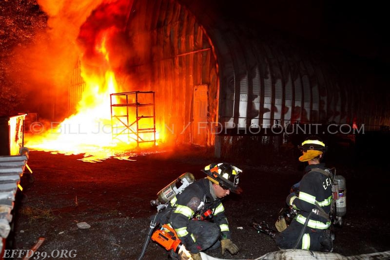 East Fishkill - Members respond early morning fire at Royal Carting where they encountered the a garage filled with garbage and recycle trucks that where well involved multiple largecaliber hand lines where stretched to stop the spread of fire to exposures.  