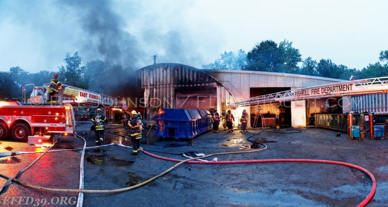 East Fishkill - Members respond early morning fire at Royal Carting where they encountered the a garage filled with garbage and recycle trucks that where well involved multiple large