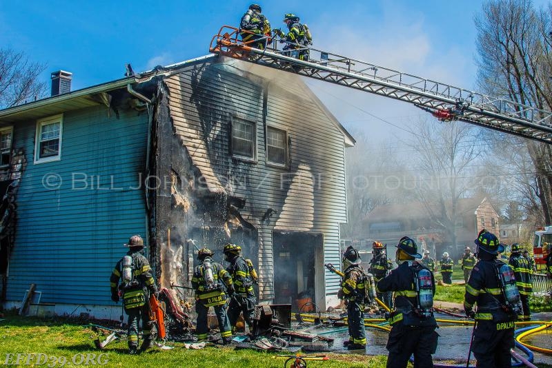 Members make quick knock down of have fire in garage and basement.